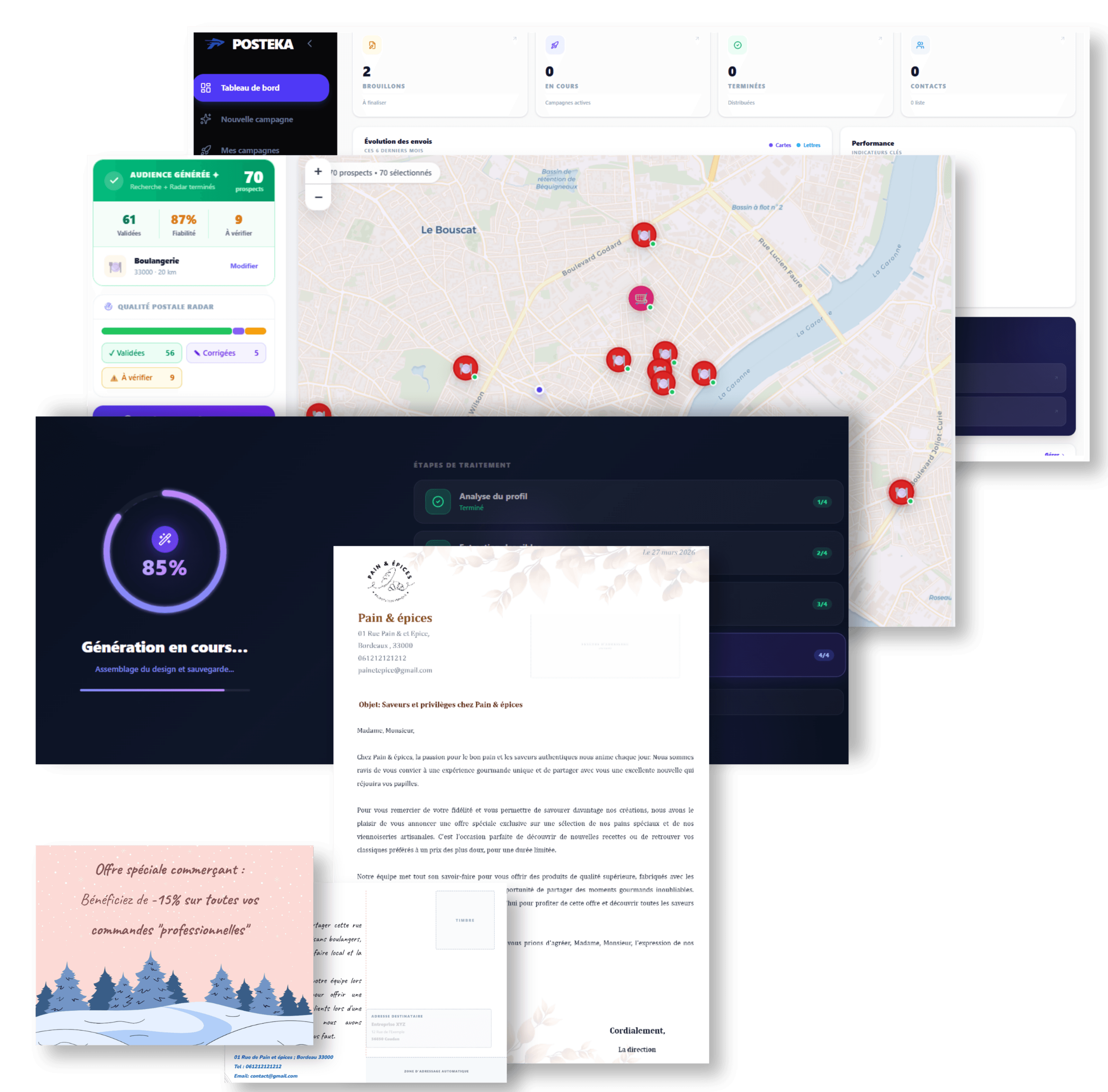 Collage produit Posteka — dashboard, ciblage, génération IA et modèles de campagne